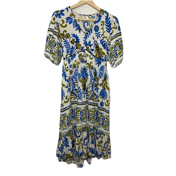Fig & Flower Printed V-Neck Puff Short Sleeve Midi Dress Womens Small - Picture 2 of 11
